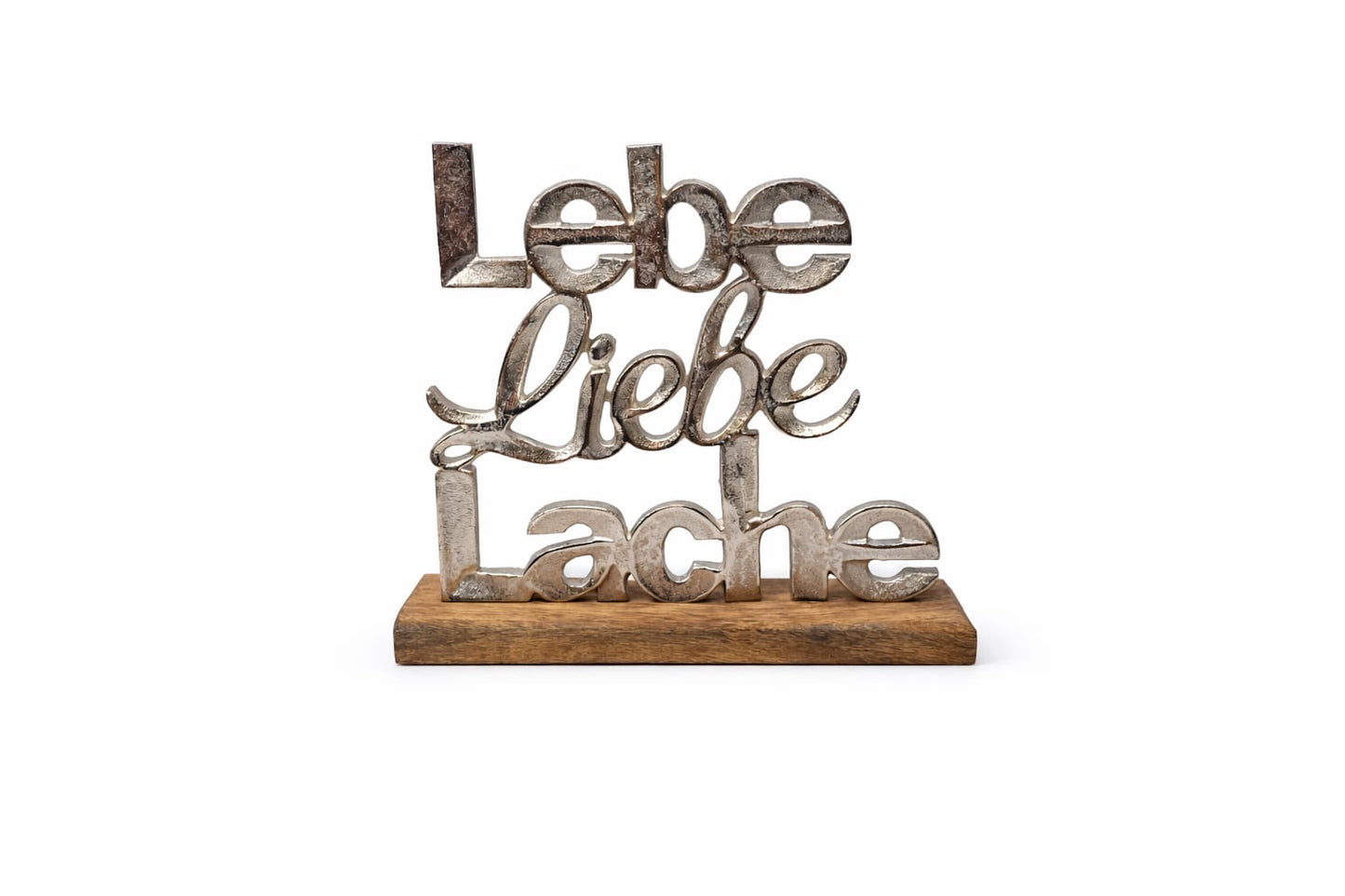 Deko-Schriftzug „Lebe Liebe Lache“ aus Metall auf Mangoholz-Sockel – 22 × 25 cm