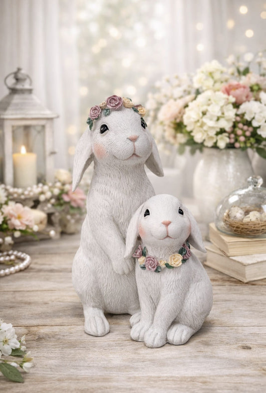 Dekorative Hasenfigur mit Blumenkranz – liebevolle Frühlingsdeko