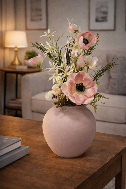 Kunstblumen-Gesteck in Keramikvase – Elegante Blüten in Rosé & Weiß | 47 cm
