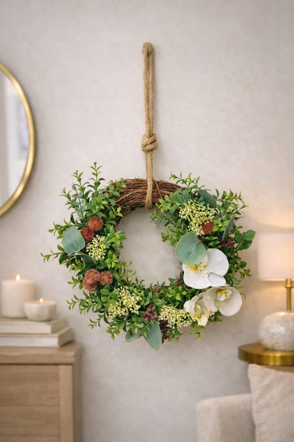 Dekorativer Blumenkranz 38 cm – Grüner Türkranz mit weißen Blüten im Natur-Look