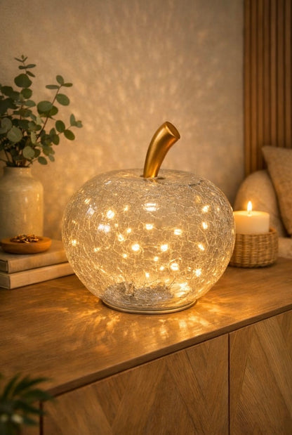 LED-Dekoapfel aus Glas mit goldenem Stiel – Warmweißes Licht, Timerfunktion, 30 × 25 cm