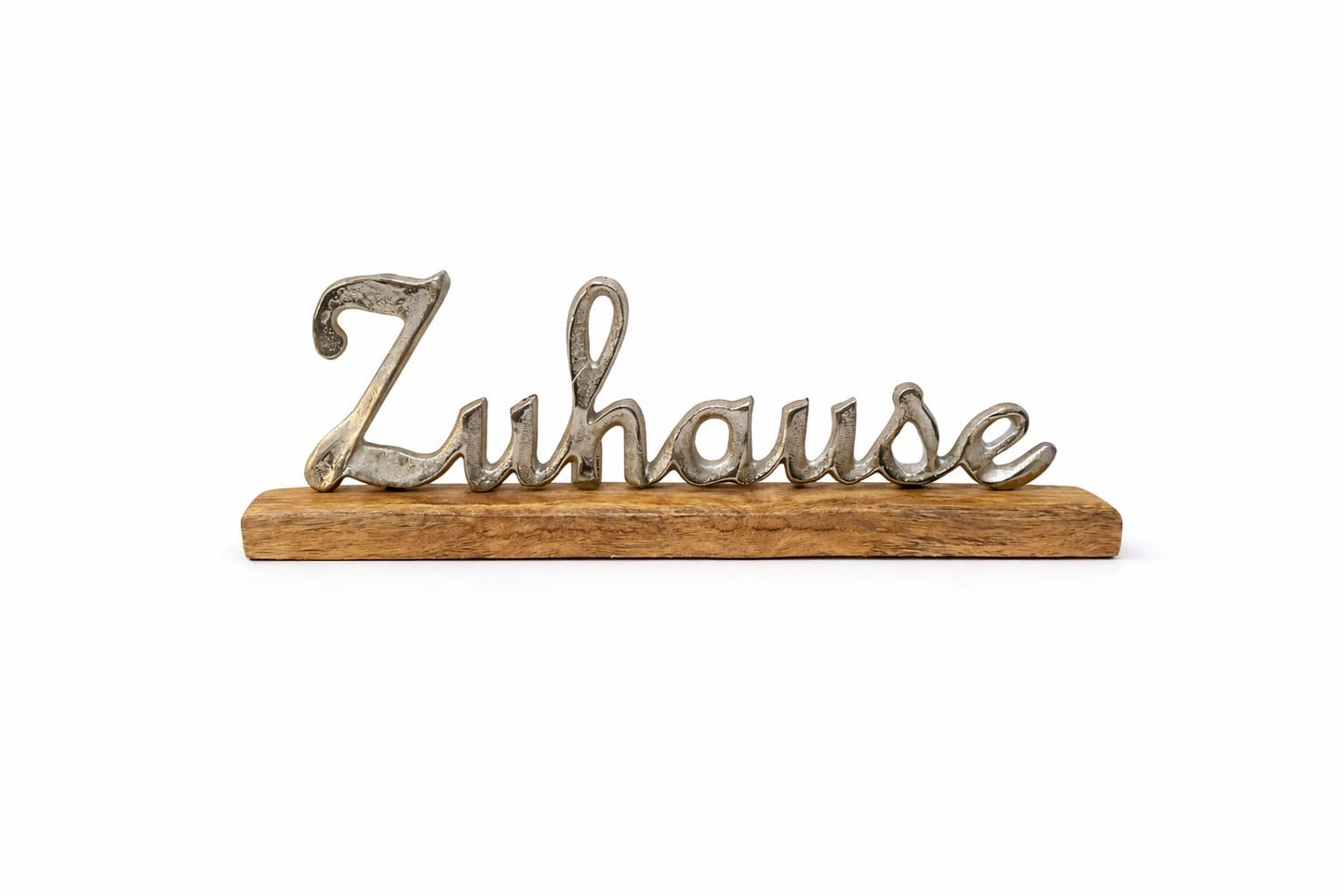 Deko-Schriftzug „Zuhause“ aus Metall auf Mangoholz-Sockel – 41 × 13 cm
