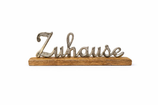 Deko-Schriftzug „Zuhause“ aus Metall auf Mangoholz-Sockel – 41 × 13 cm