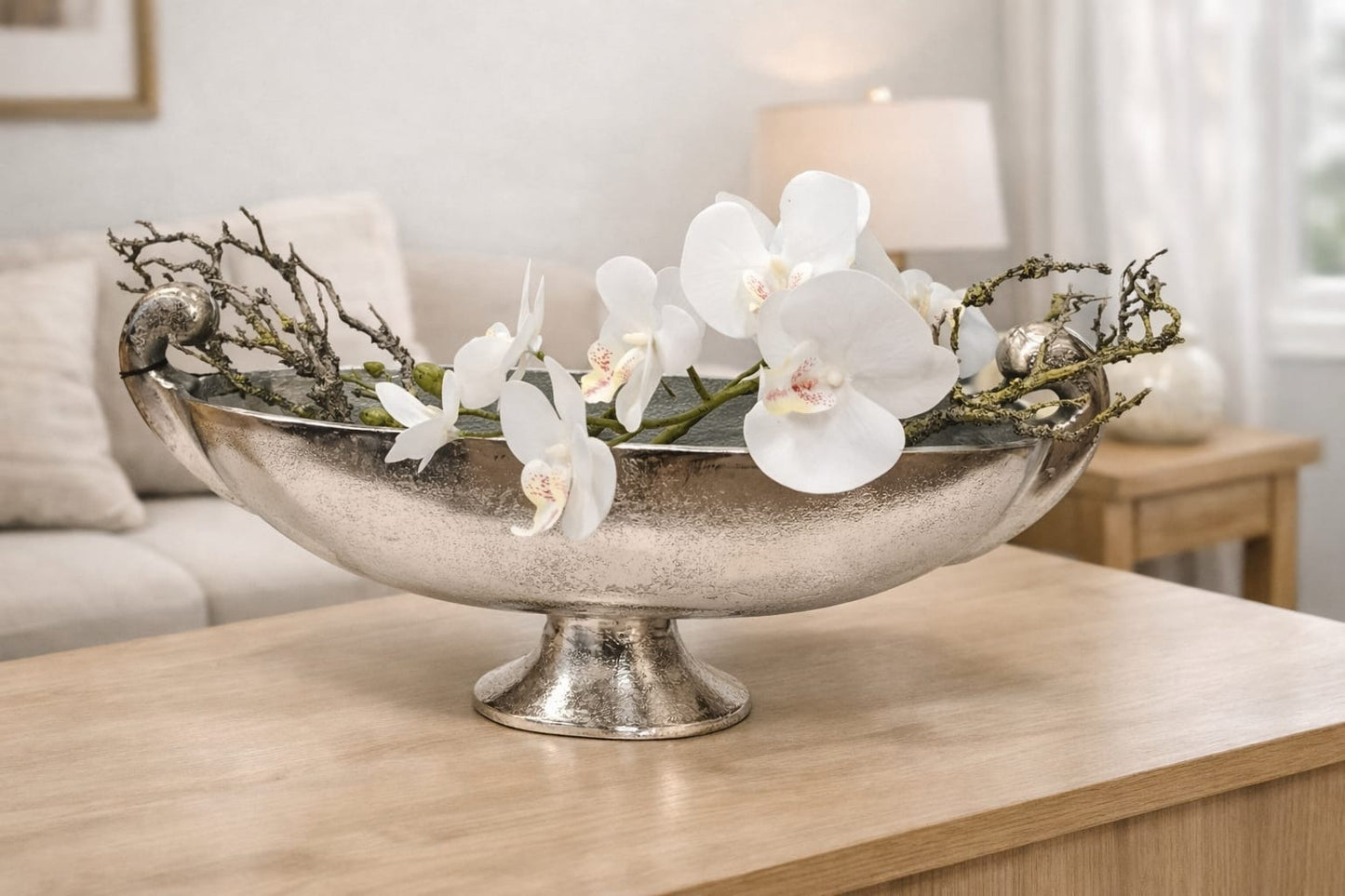 Edle silberfarbene Schale auf Fuß mit Griffen – Vintage Deko aus Metall im Antik-Stil