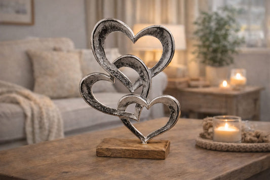 Dekorative Herzskulptur aus Metall auf Mangoholz – 33 cm