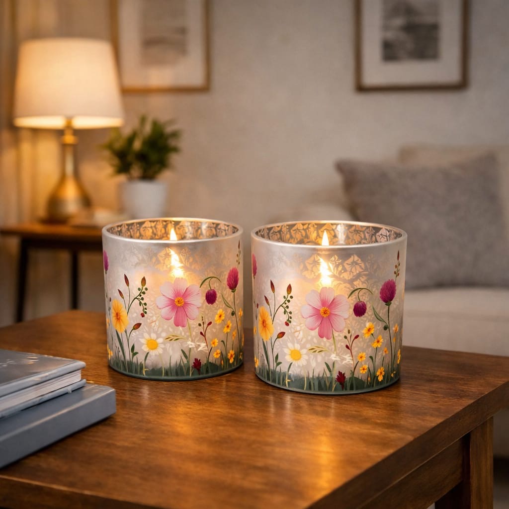 Windlicht aus Glas mit Blumenmotiv