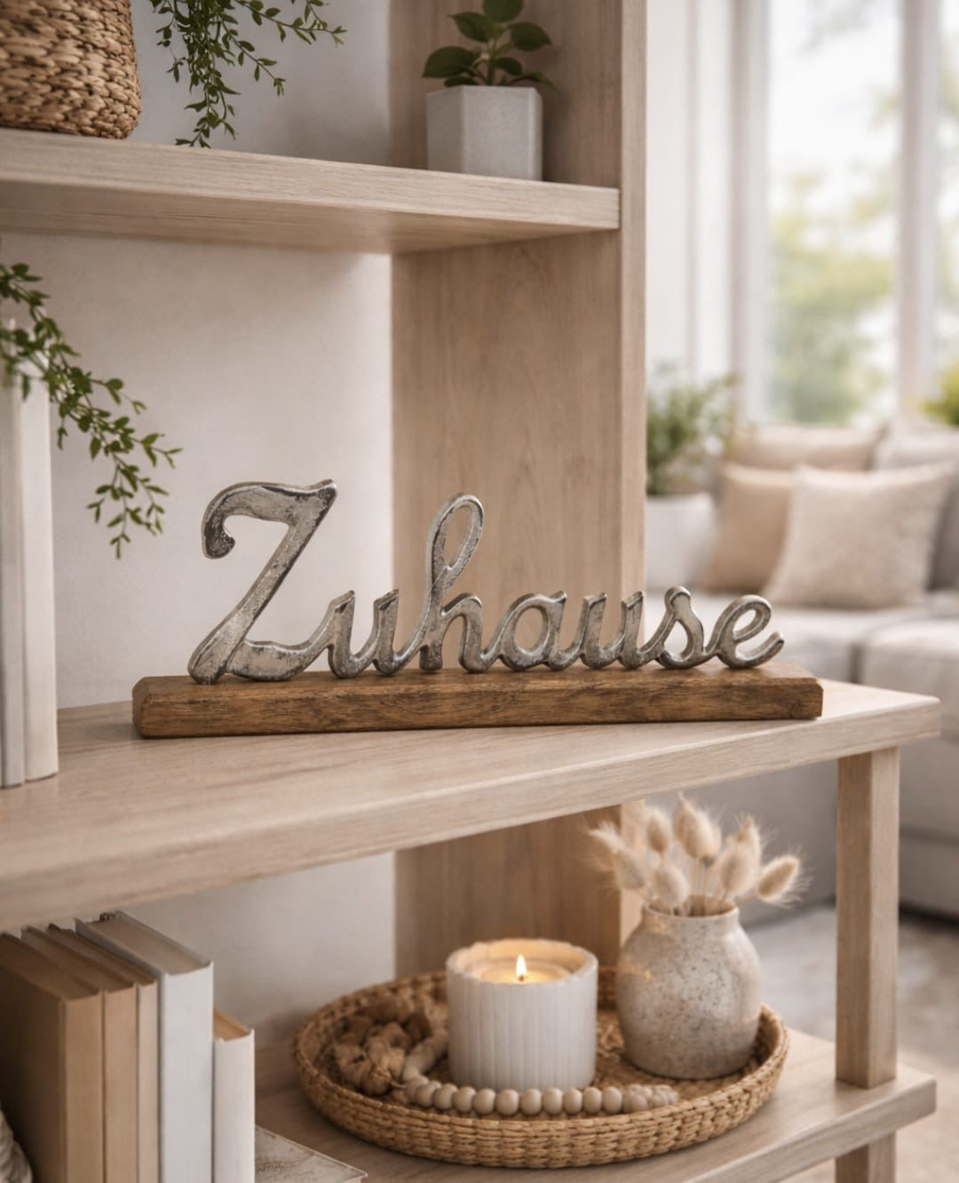 Deko-Schriftzug „Zuhause“ aus Metall auf Mangoholz-Sockel – 41 × 13 cm