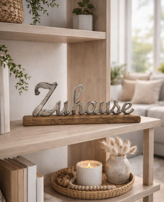 Deko-Schriftzug „Zuhause“ aus Metall auf Mangoholz-Sockel – 41 × 13 cm